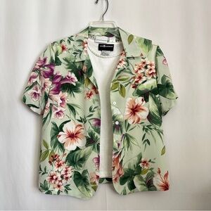 Vintage 80s Alfred Dunner Women's Green & White Summer Floral Print Shirt Sz 10